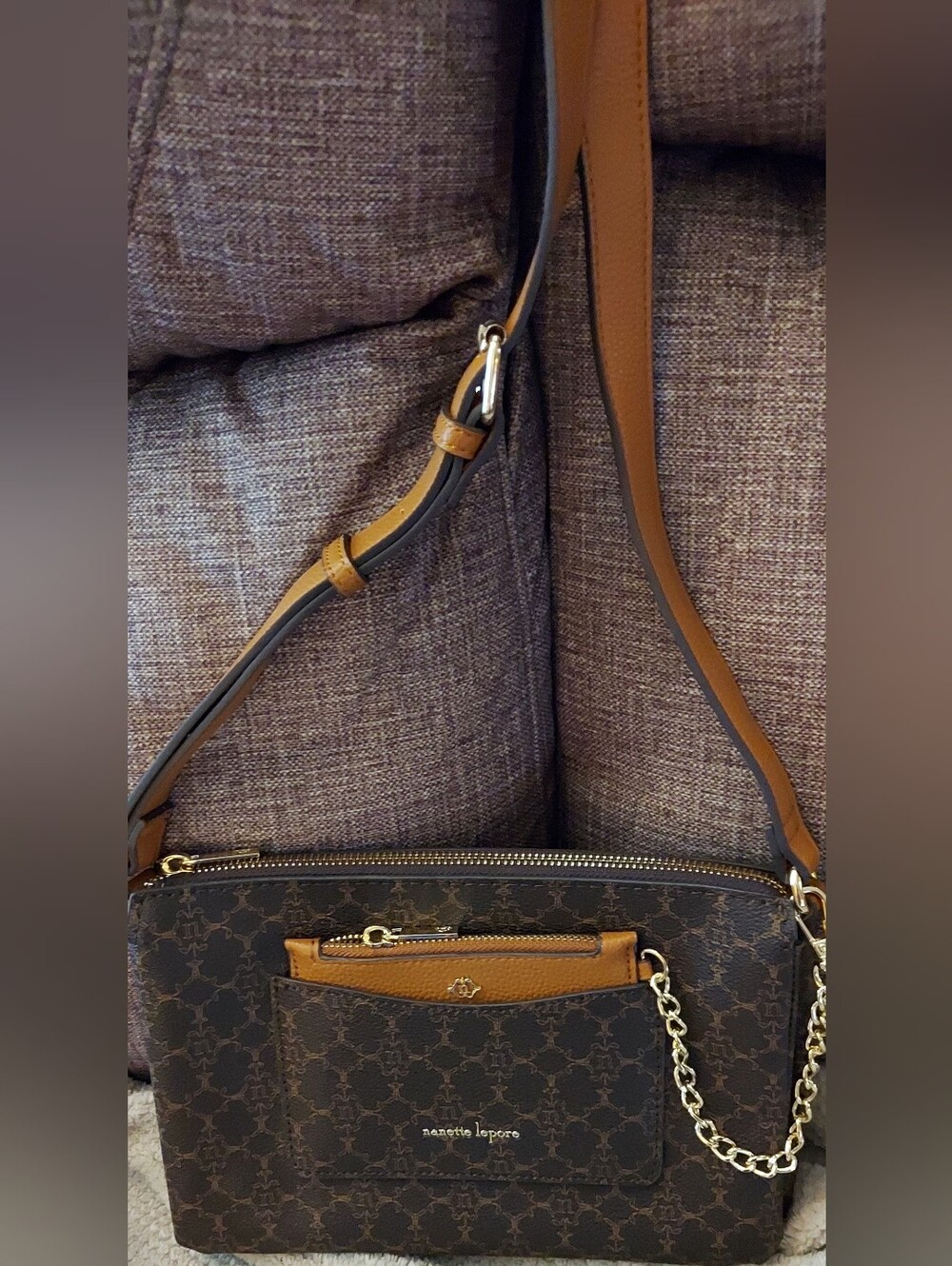 Nanette Lepore Brown Monogram Crossbody with Tan Trim and Gold Chain